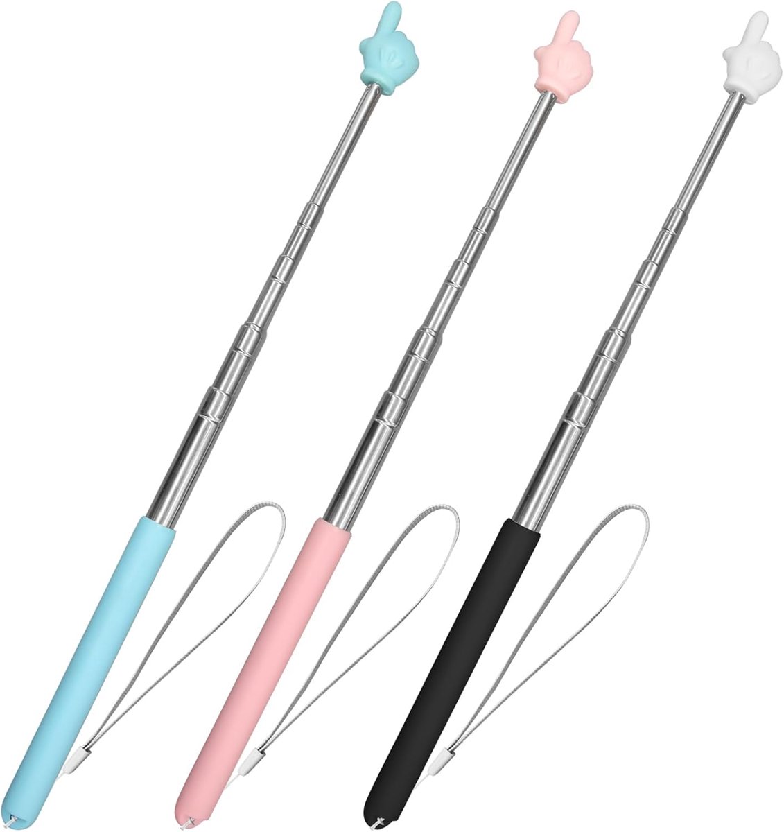SnelShoppen - 3 Stuks Telescopische Wijzerstok met Lanyard, Uitbreidbare Handwijzer voor Leraar, Onderwijsbenodigdheden voor Basisschool, Zwart Roze B