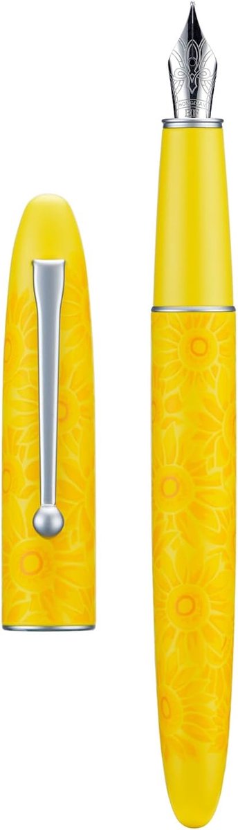 SnelShoppen - Luxe Vulpen met Iridium Extra Fijne Zachte Punt, Torpedo Vorm, Geel & Zonnebloem Schilderij Design, Metalen Doos Set, Perfect voor Kanto
