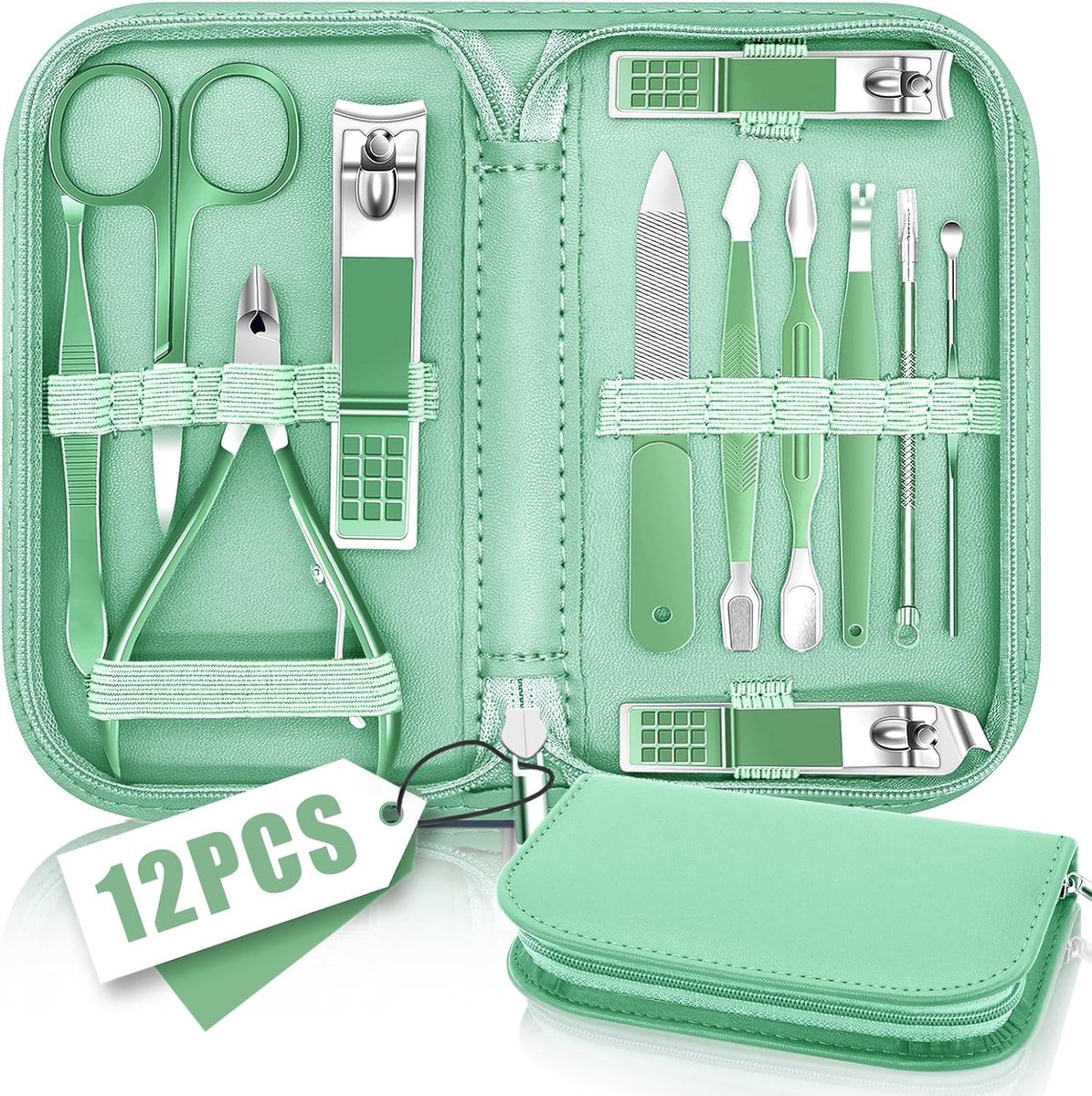 Manicure Pedicure Kit Professioneel - 12 in 1 Set met Groen Leren Reistasje - ShopVlot