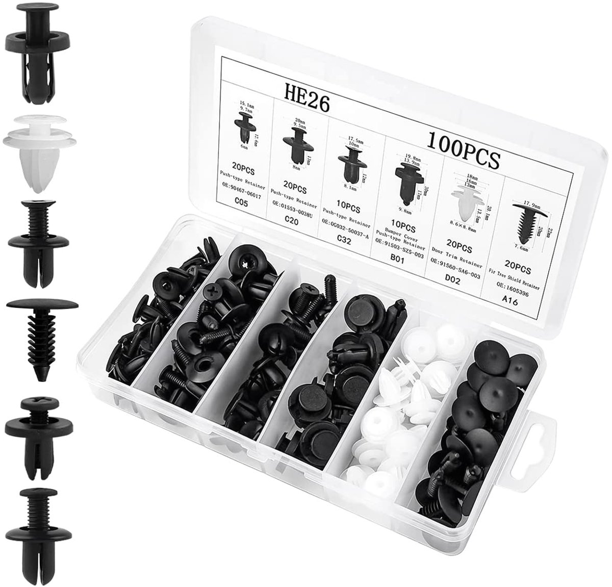 SnelShoppen - 100 Stuks Clips Plastic Auto Rivetten, 6 Maten Universele Auto Bevestigingsclips, Carrosserie Bumper Deur Spatbord Liner Sealing Strip B