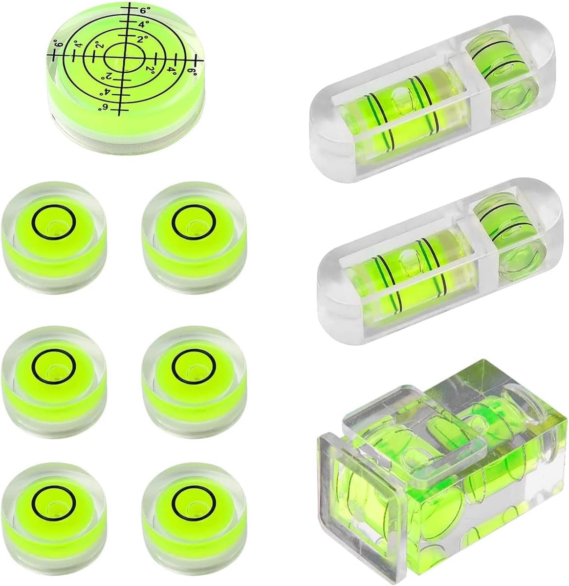 SnelShoppen - 10 Stuks Mini Waterpas Set - Kleine Waterpas Vierkant Rond - Voor Camera, Camping, Caravan, Motorhome - Hoogwaardige Acryl Materialen -
