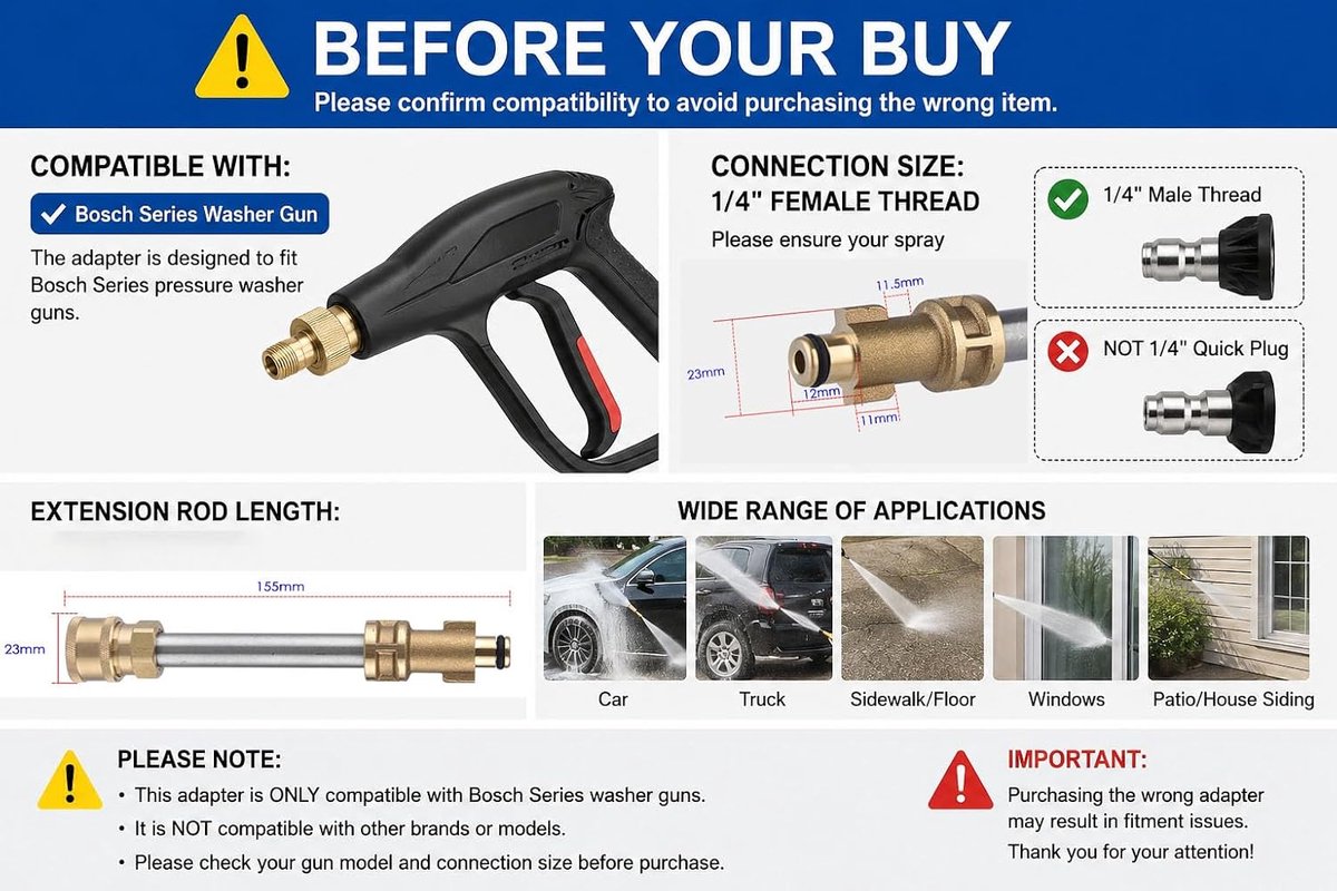 SnelShoppen - Hogedrukspuitpistool Adapter met 10 cm Verlengstuk, Compatibel met Bosch Hogedrukreinigers, Koppeling met 1/4" Draad, Duurzaam Messing,