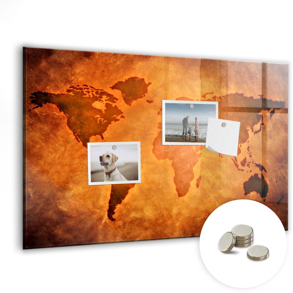 Coloray Glazen Magneetbord - Magnetisch Bord Grote wereldkaart - 60x40 cm - Bruin Magneetbord - Magnetic Board - Magneetbord Design