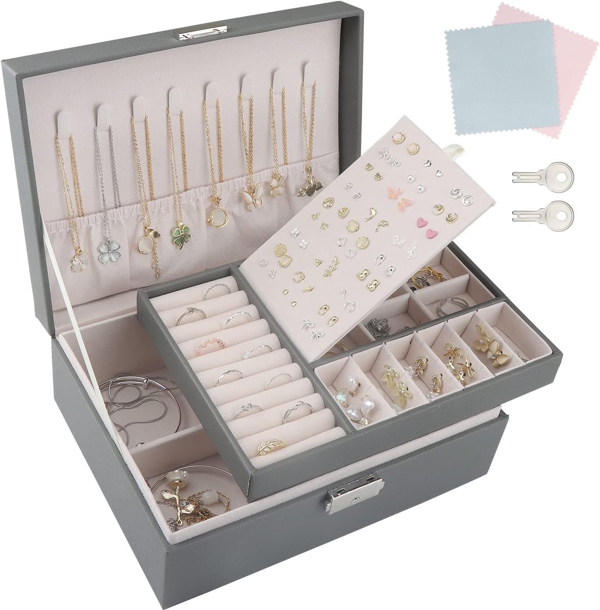 SnelShoppen - Luxe Sieraden Box - 2 Laags Organiser voor Kettingen, Oorbellen, Armbanden en Ringen - PU Leer met 2 Sleutels en Schoonmaakdoek - 23 cm
