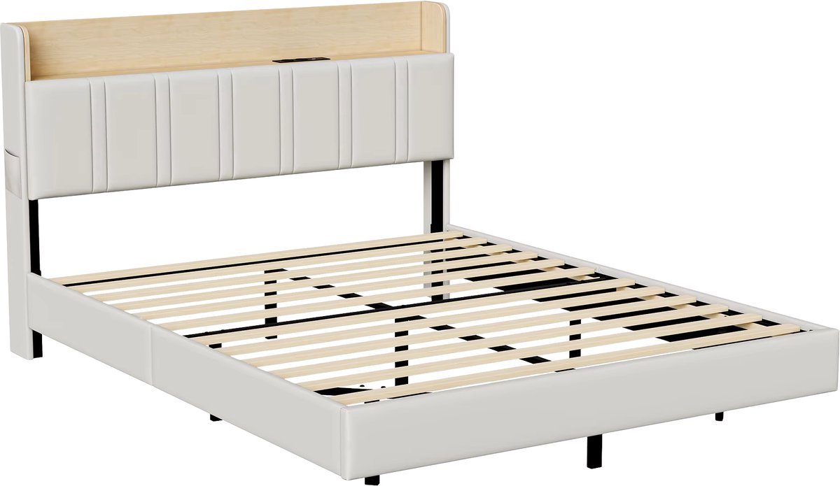 Happiq Gestoffeerd Tweepersoonsbed 140x190 cm Wit - met LED Verlichting, Oplaadstation