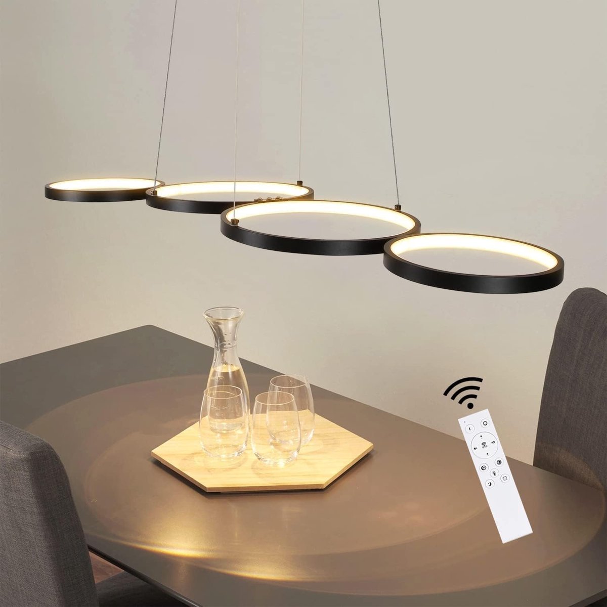 GBLY LED Pendant Light Dining Table Pendant Lamp: 88CM Black Pendant Light Modern 4 Ring - ShopVlot