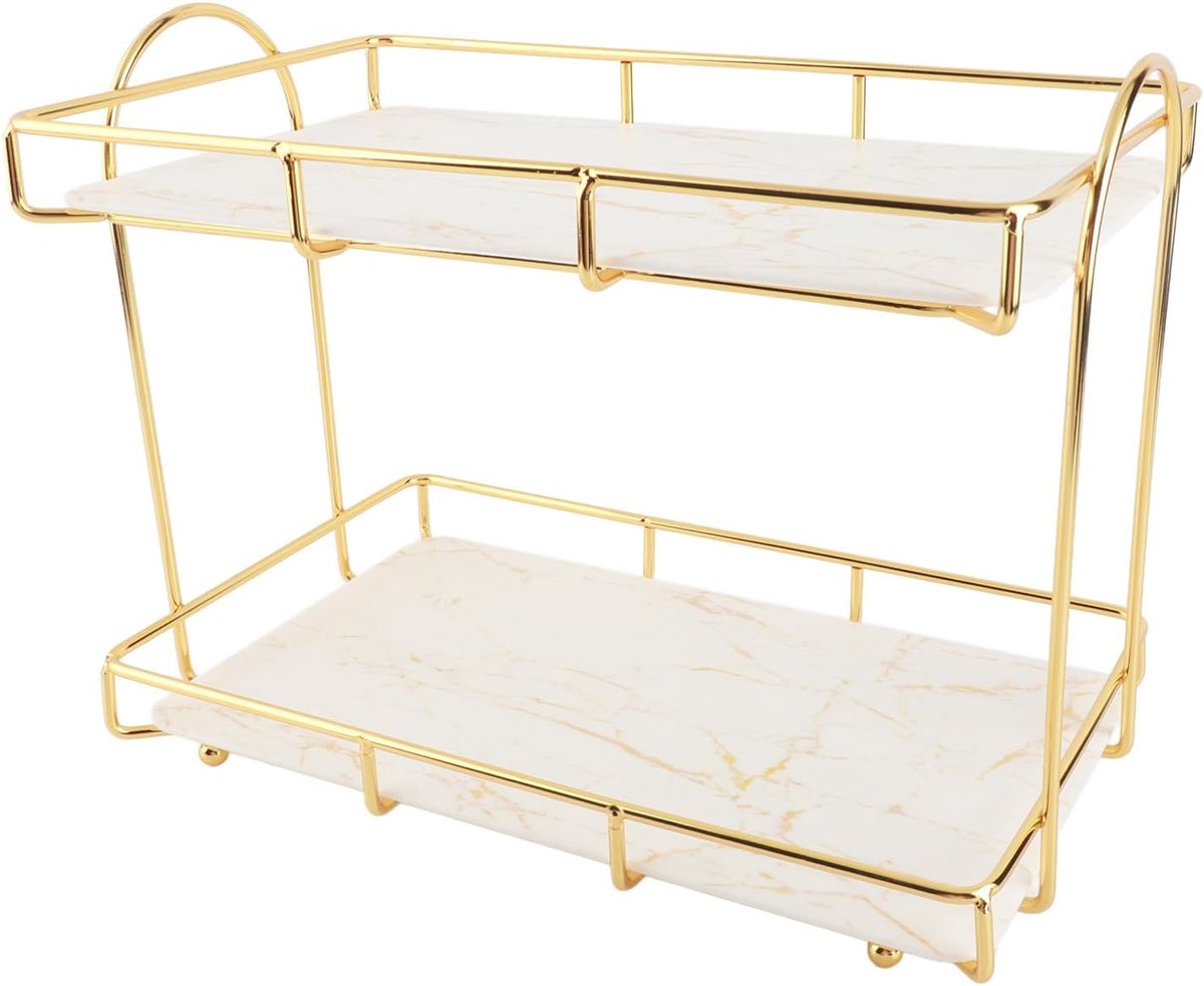 SnelShoppen - Badkamer Organiser, 2 Laags Multifunctionele Vanity Tray voor Huidverzorging en Make-up - Opslagplank met Gouden Coating voor Lotion, Pa