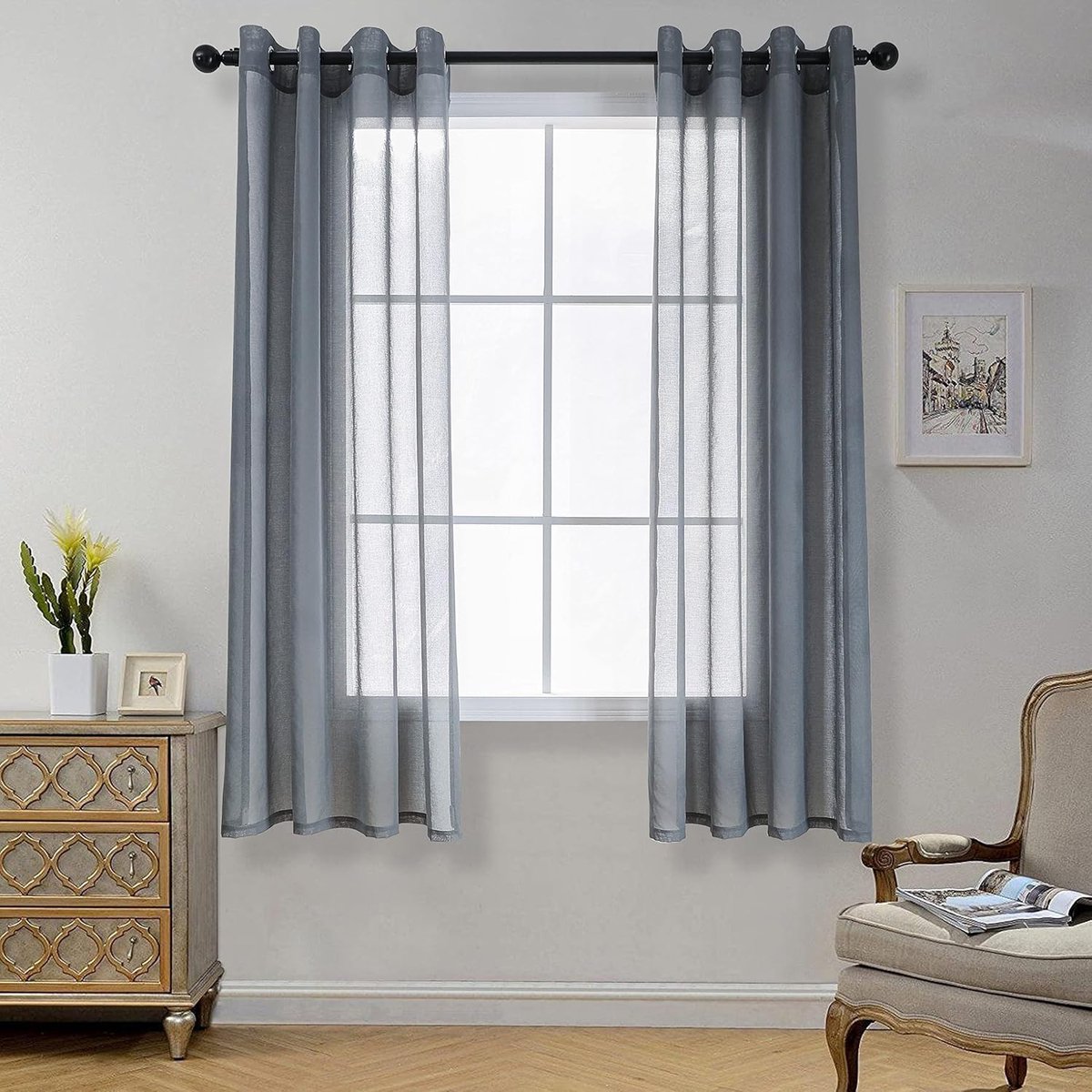 SnelShoppen - Sheer Decoratieve Gordijnen voor Balkon deur, Voile Gordijnen met Oogjes, Faux Linnen Look Grijs, Set van 2, H 145 x B 140 cm voor Woonk