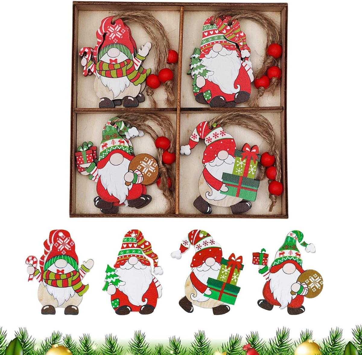 Gnome Hangers Set van 12 Stuks, Houten Kerstdecoratie voor Boom en DIY Projecten
