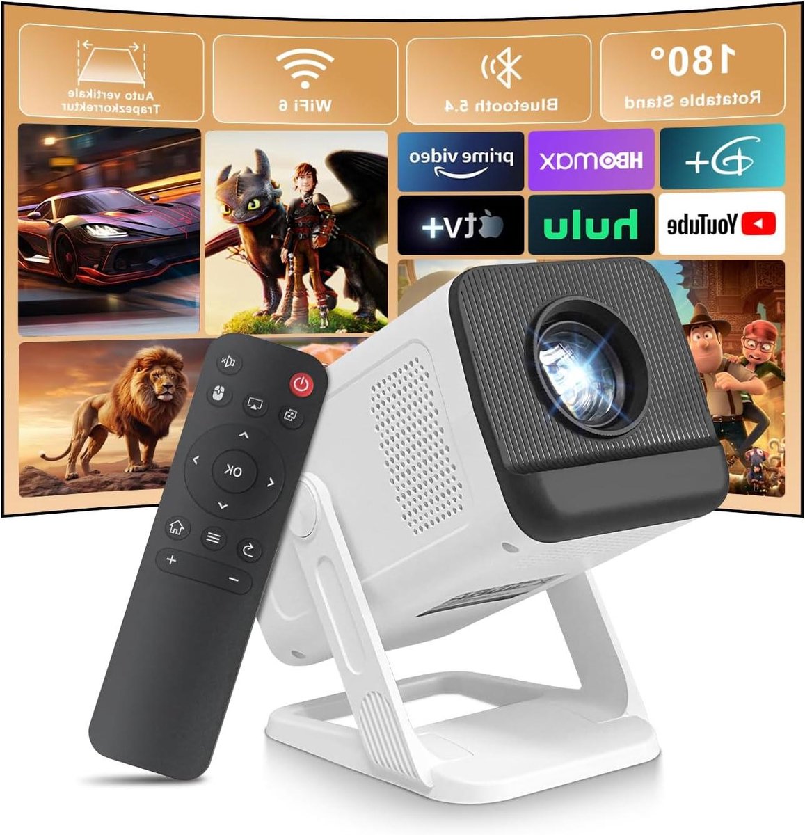 Mini Projector - Draagbare Beamer - Thuisbioscoop Creëren - Wifi 6 Bluetooth 5.4 - 720p HD Resolutie - Wit