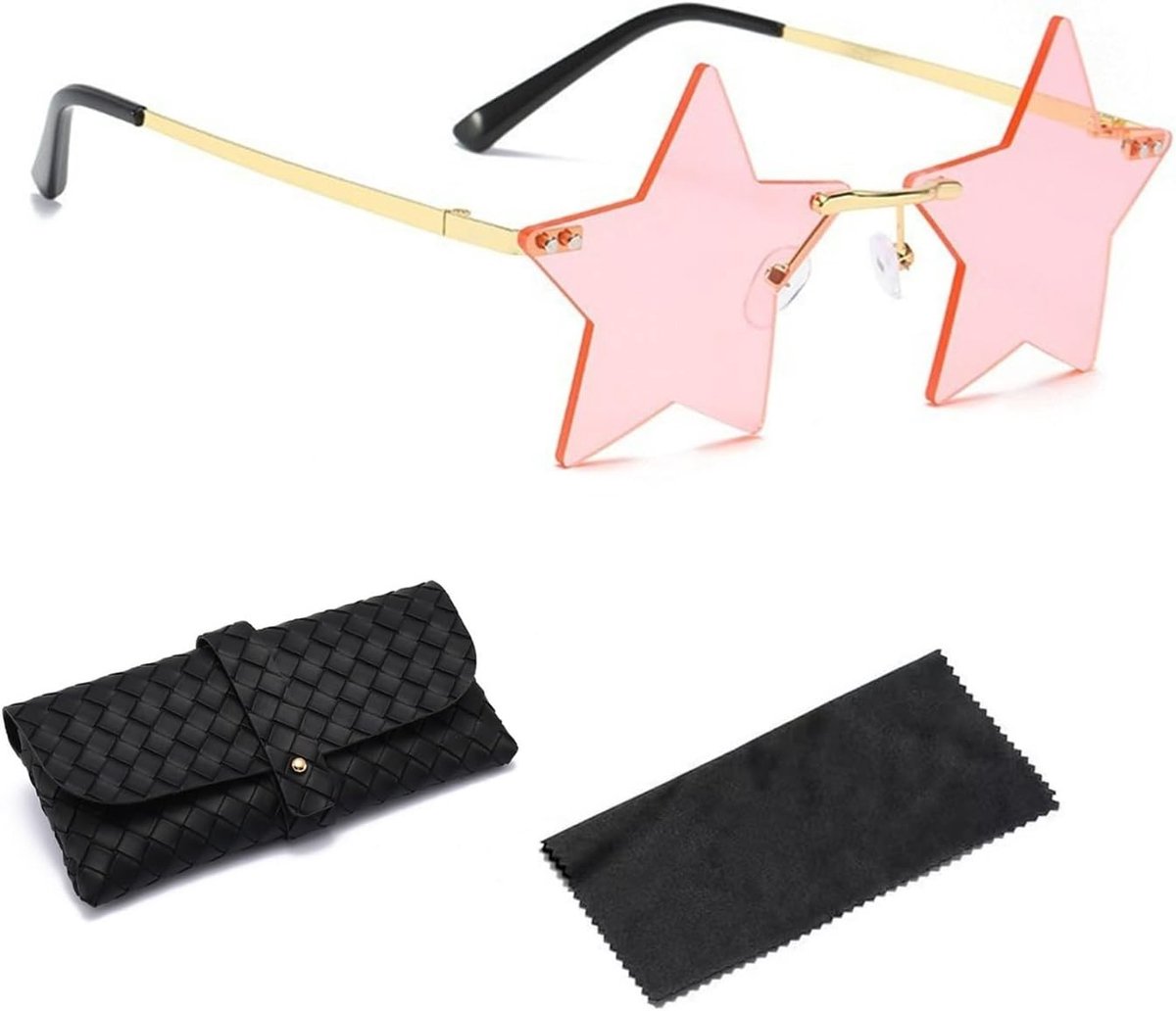 Zonnebril Rimless Pentagram - Gouden Frame met Roze Accenten - Grappige Feestglazen - SnelShoppen