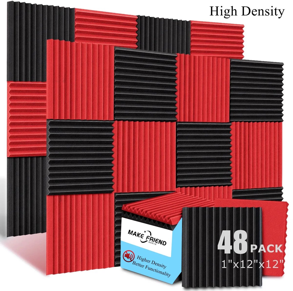 G&G akoestische panelen - Geluidsisolatie - Geluidsdempend - Schuim - Wand - 48 stuks - Studio - Gaming - 4,3mtr - Zwart - Rood