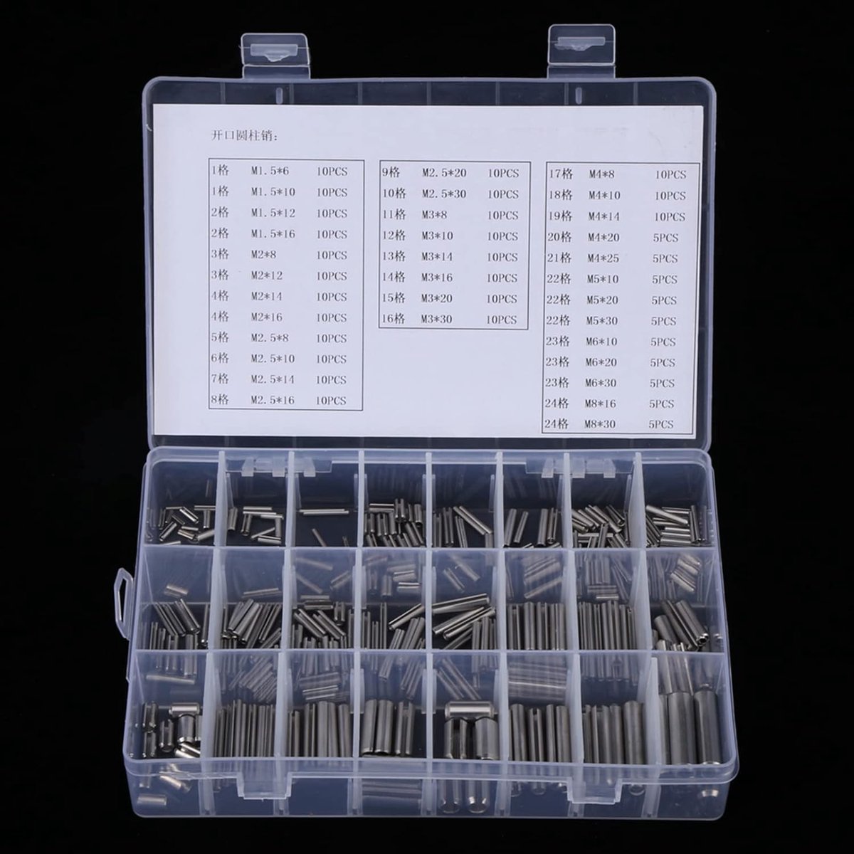 SnelShoppen - RVS Rollenspijkers 6x24mm, Slotted Hardware Pins Set 280-delig, Stalen Dowel Pins M1.5-M8, Organisatie Box voor Klussen en Montage