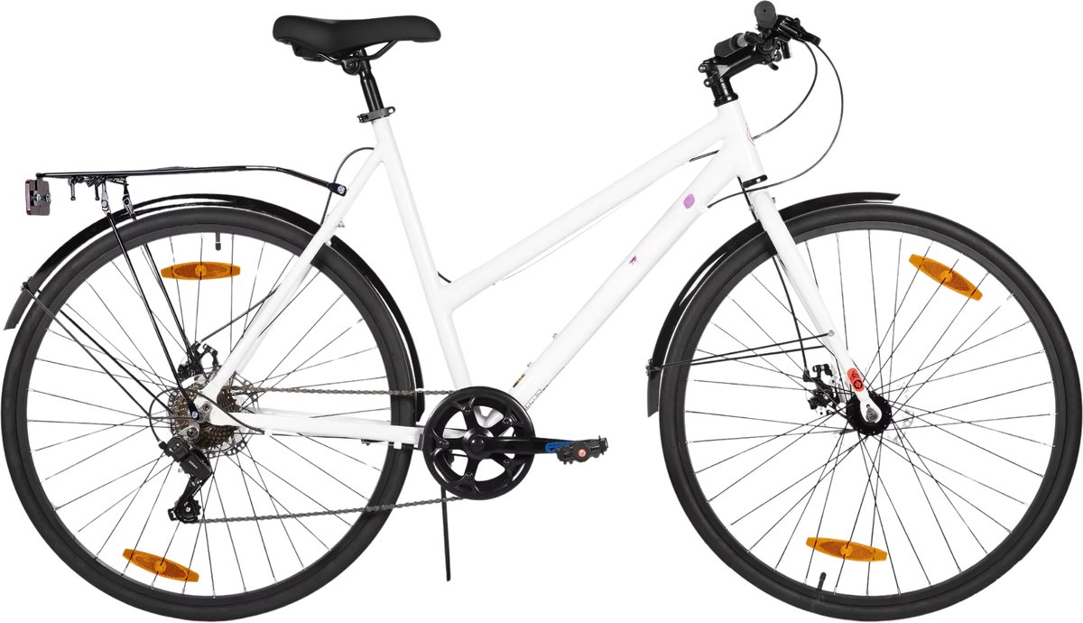 Stadsfiets 71 cm – Voor dames en heren voor woon-werkverkeer en dagelijks gebruik – Met 7 versnellingen, spatborden en bagagedrager – Wit aluminium frame