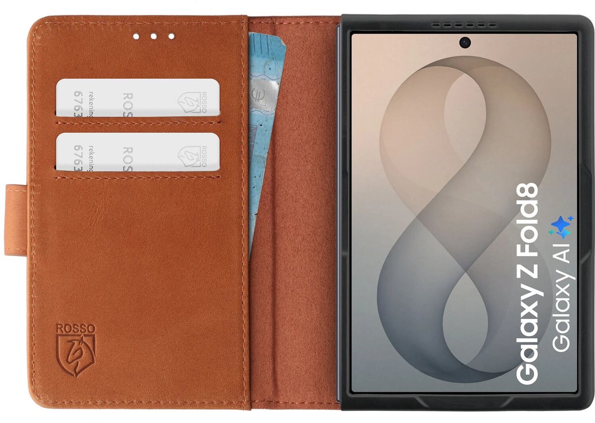Rosso Deluxe Echt Leer Hoesje Geschikt voor Samsung Galaxy Z Fold 8 | Ruimte voor drie pasjes | Portemonnee Book Case | Met Pasjeshouder | bruin