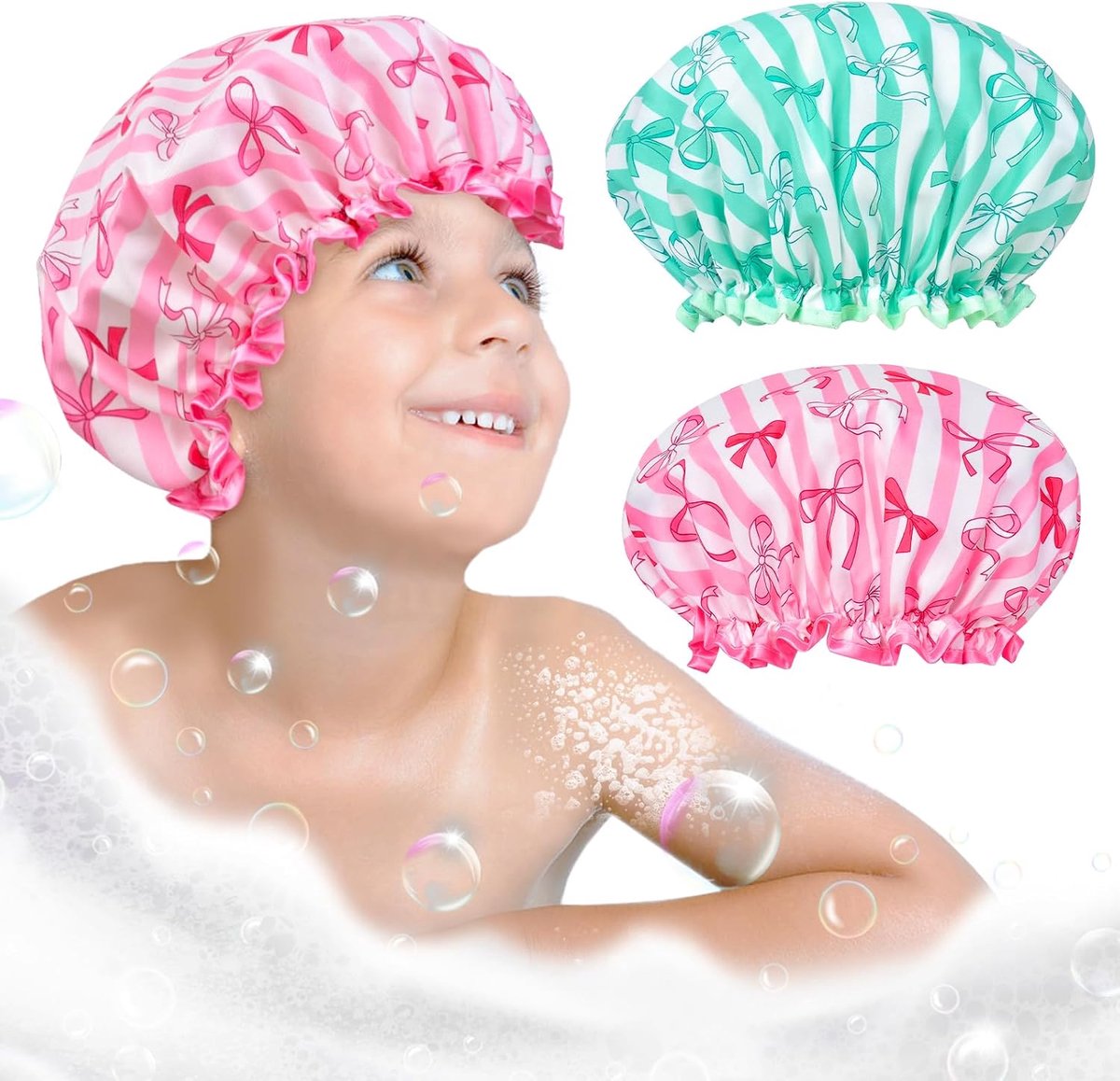 2 Pcs Kids Shower Cap, Elastic Band, Double Layers, Waterproof Shower Cap for Women, Shower Cap with Pleated Edge - ShopVlot