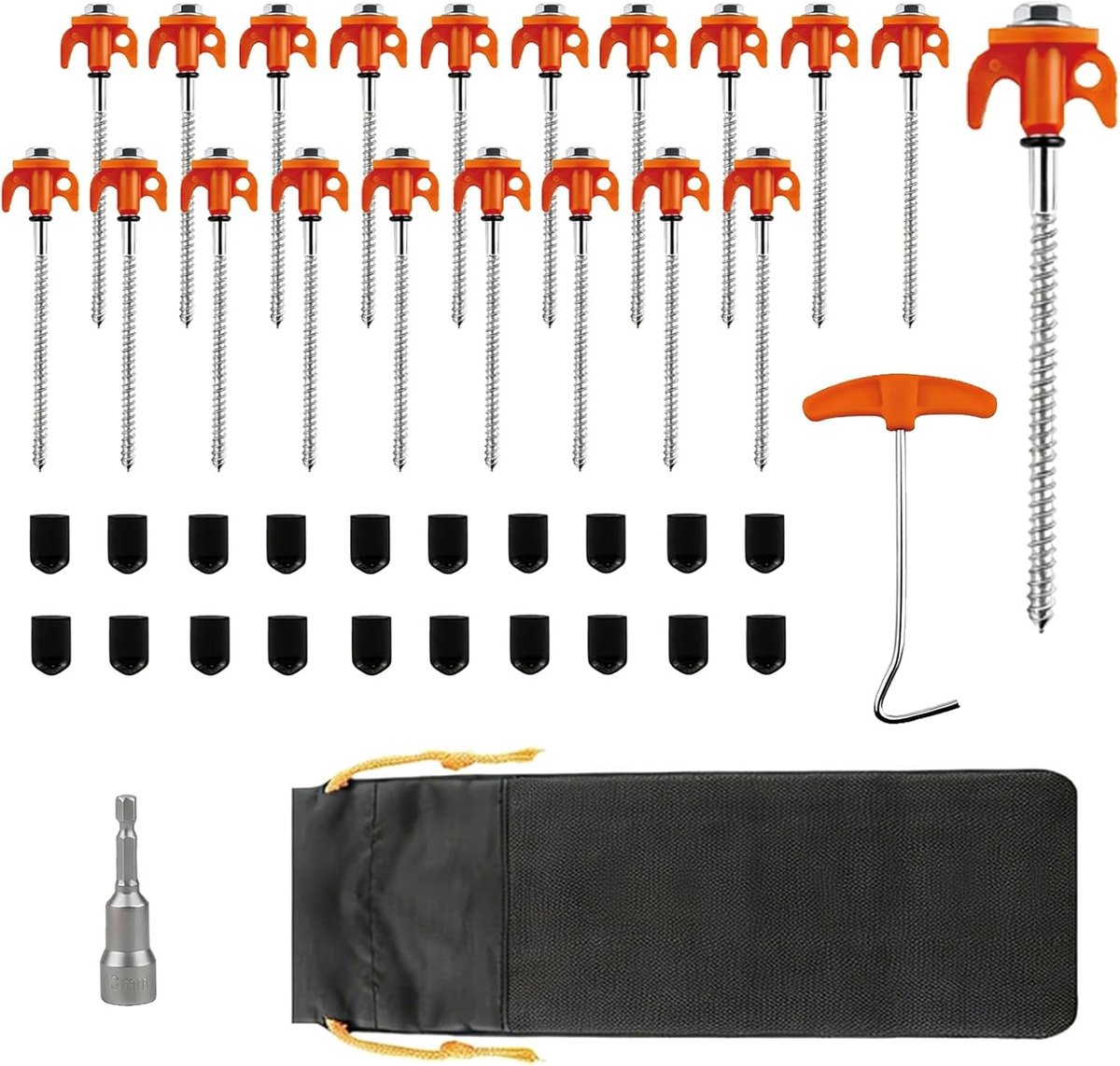 Tentharingen Set - 20,5 cm - Schroefharingen met Nageltrekker en Opbergtas - Voor Camping en Outdoor Gebruik