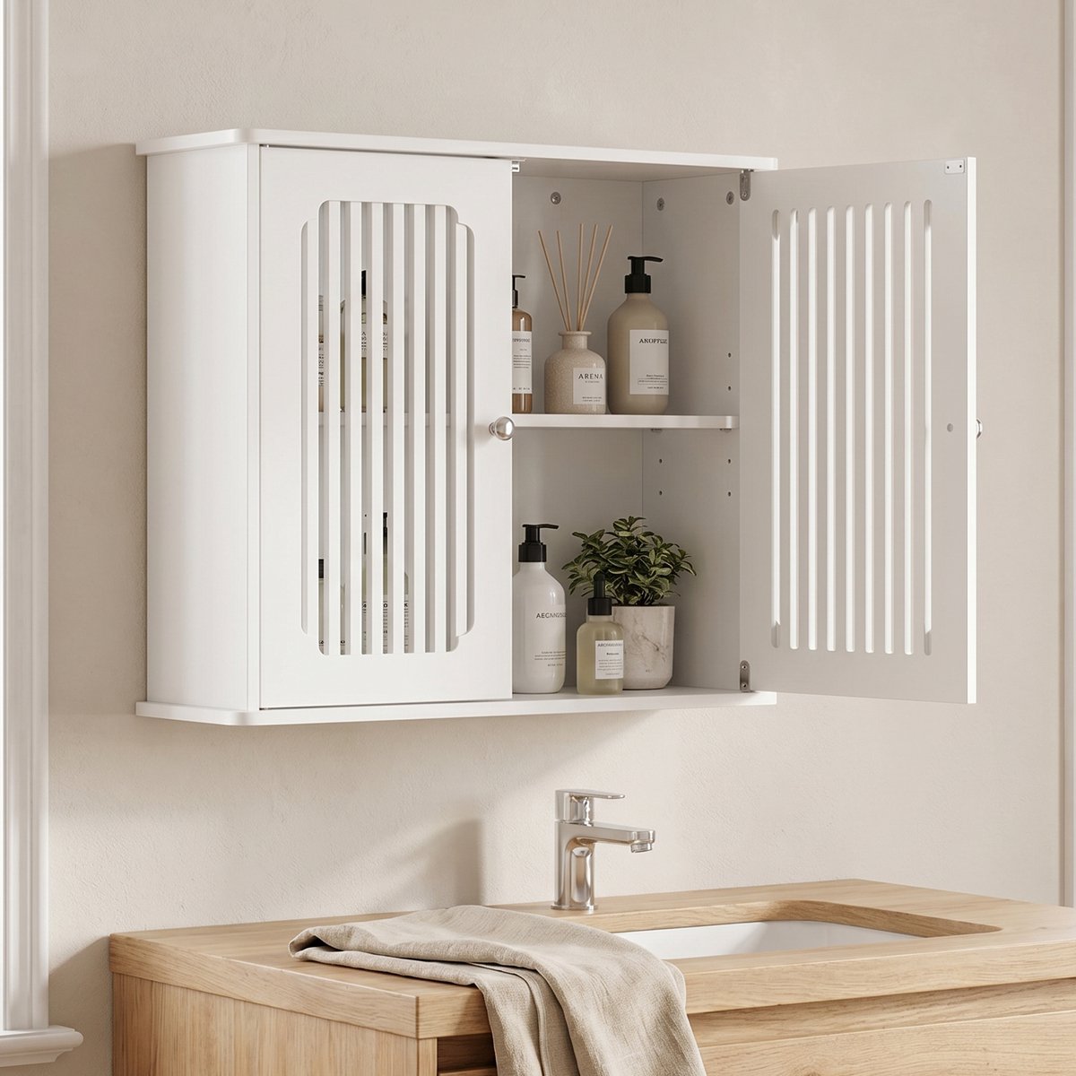 MIVRAY Wandschrank Voor Badkamer - Dubbeldeurs Lamellenfront Voor Ventilatie En Opbergruimte - Wit - MDF - 60x20x52 Cm