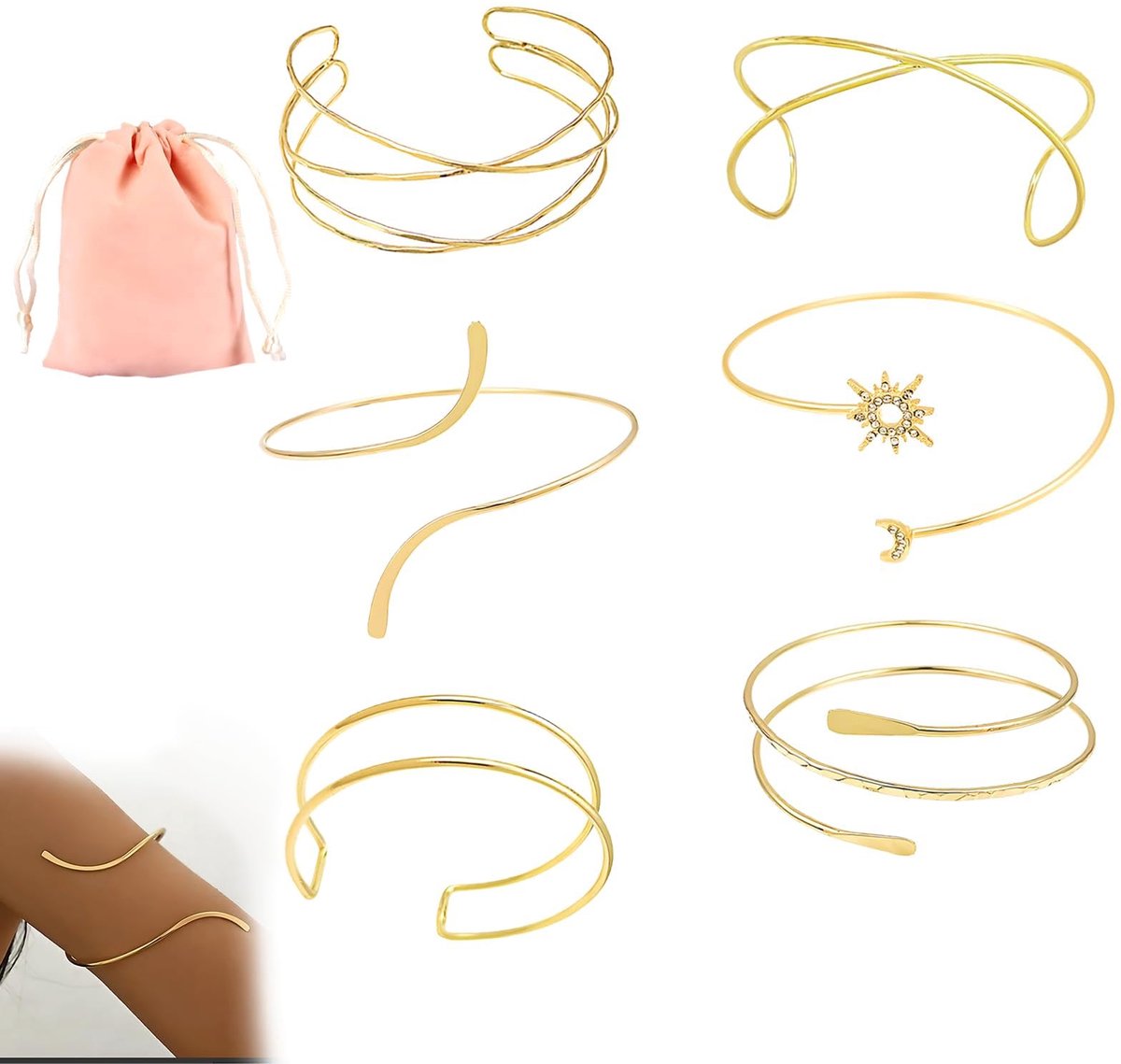 bovenarmbanden dames goud set van 6 stuks – verstelbare 8 cm armbanden – elegant accessoire voor feesten, bruiloften - ShopVlot