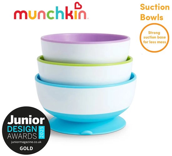 Munchkin Suction Bowls - Kommetjes met Zuignap - Per 3 Stuks - Vaatwasser en Magnetronbestendig - Vanaf 6 Maanden - Paars/Groen/Blauw van Munchkin — afbeelding 3