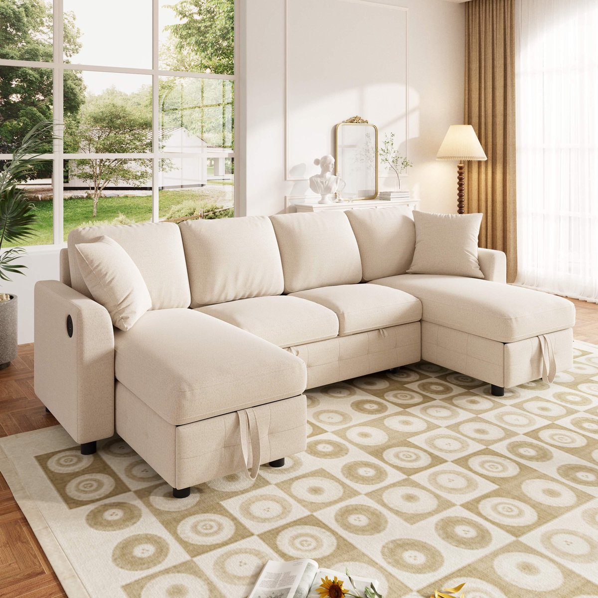 VVBV Slaapbank 260x128x82 cm - Slaapfunctie, USB & Type-C, Opbergruimte - Beige, Chenille