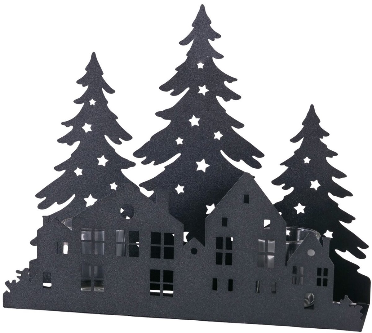 Boltze - Waxinehouder - Kaarsenhouder - Kerst – Zwart - Metaal - Kerstbomen & huisjes - 30x8,5x25 cm
