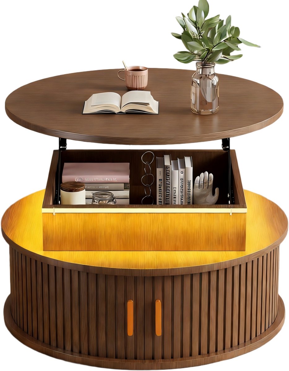 MUVANO Ronde Salontafel - In Hoogte Verstelbare Salontafel - Salontafel Met LED-Witte Salontafel – Hoogglans – Opbergruimte – Roldeuren - App Bediening - Woonkamer - 75cm- 1 Stuk Walnoot