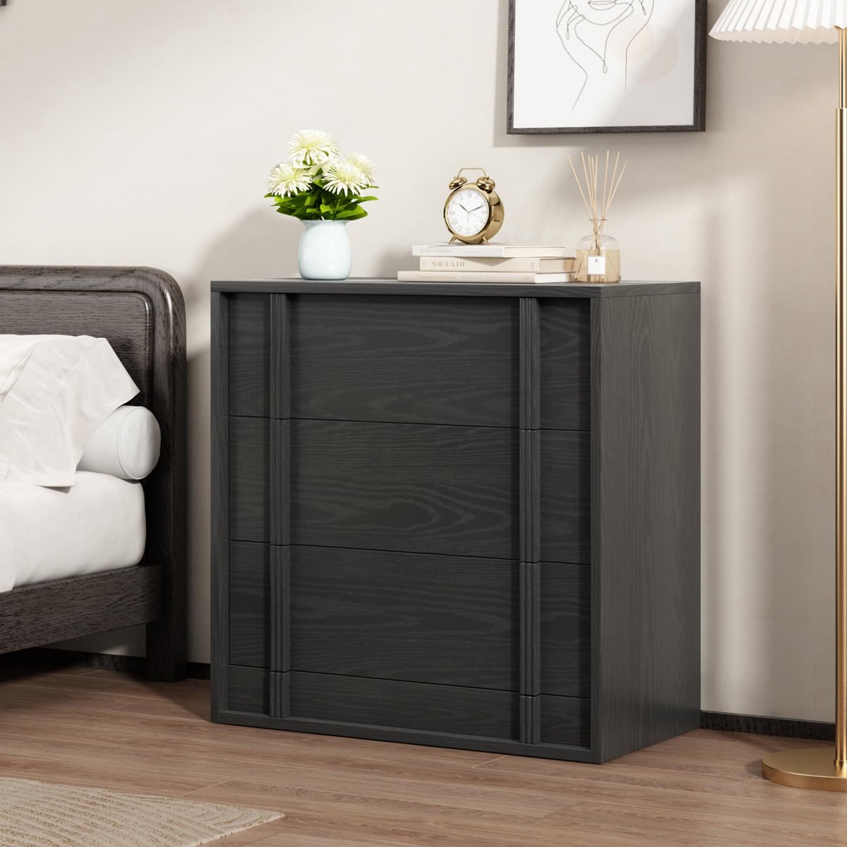 Triumpunpre Nachtkastje met 3 Laden, Houten Ladekast met Verticale Greep, Opbergkast voor Slaapkamer en Woonkamer, Zwart, 76 x 40 x 76 cm