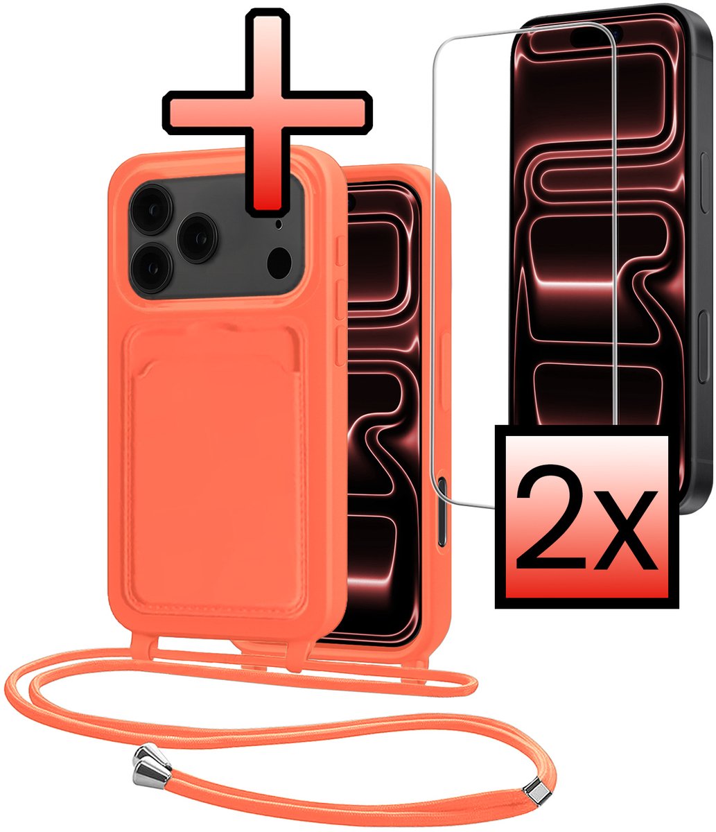 Hoes Geschikt voor iPhone 18 Pro Met Telefoonkoord Met 2x Screenprotector - Siliconen Hoesje Backcover Met Ketting - Papaya