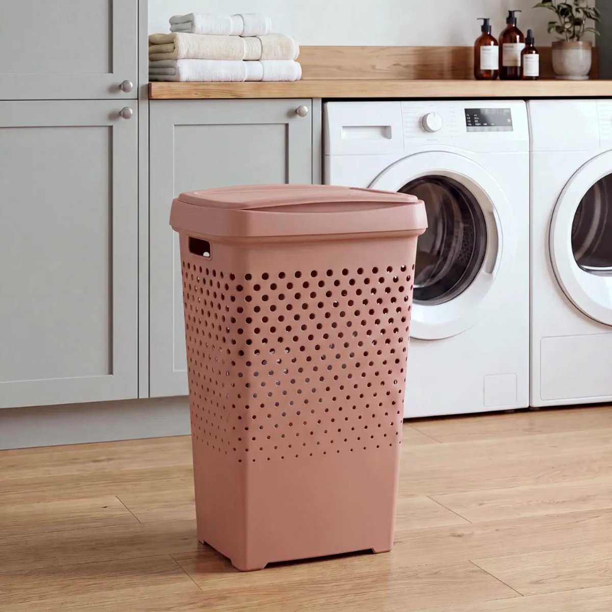 Kunststof wasmand met deksel 70 liter Five® - Terracotta - Met deksel