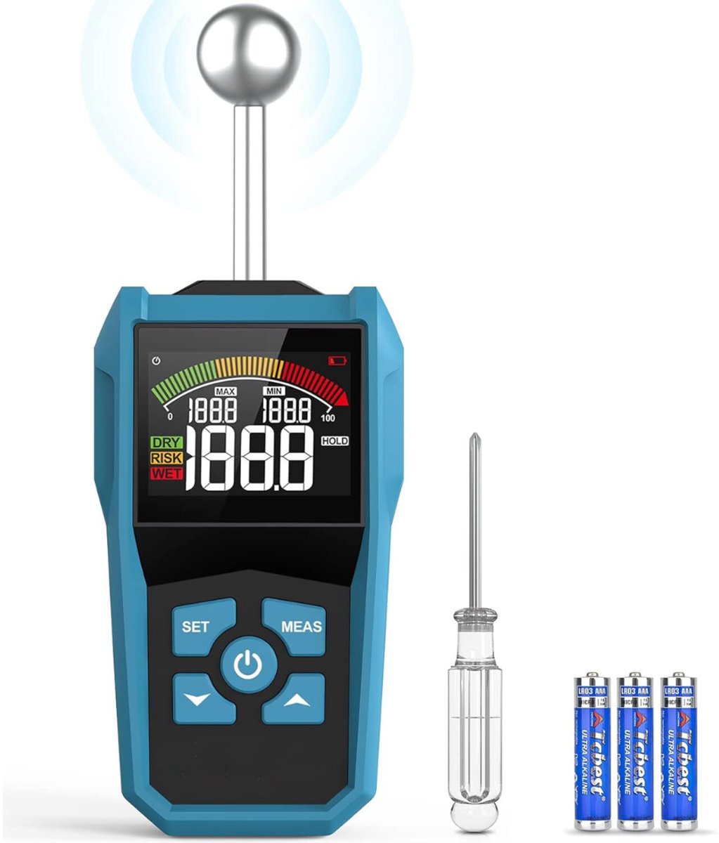 QUOVO® Vochtmeter Muren - Vochtmeter - Vochtmeter Hout Met Opbergzakje - Vochtmeters Inclusief Temperatuurmeter - Accuraat – Pleisterwerken - Inclusief Batterijen - Blauw - 20cm x 8cm x 3cm