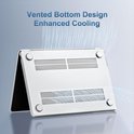 Dessous d'une housse d'ordinateur portable argentée avec des zones de ventilation perforées.