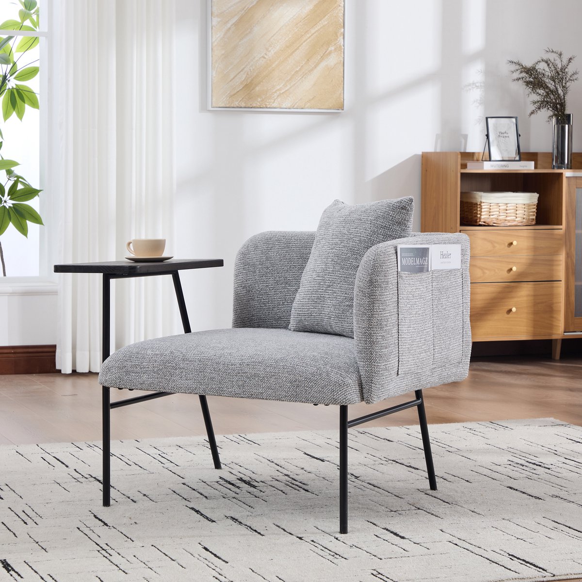 REDOM - Fauteuil met bijzettafel - Chenille bekleding - Twee opbergvakken en metalen frame - Met armleuningen - Scandinavische stijl - Grijs - 86 x 72 x 71 cm