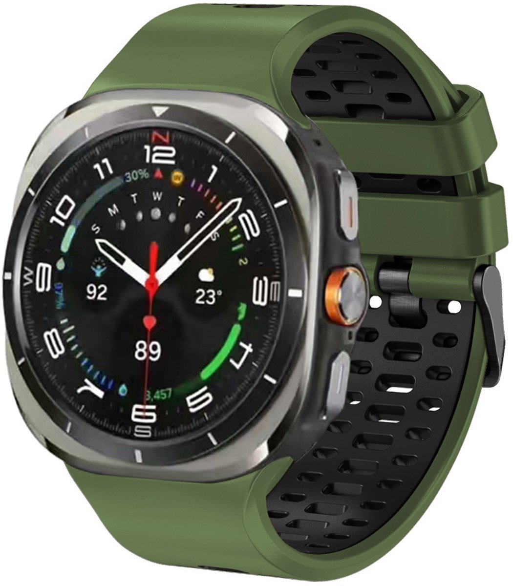 Stravo Tweekleurig Siliconen Sport Bandje – Geschikt voor Samsung Galaxy Watch Ultra 2 47mm (2026) / Ultra 47mm (2024/2025) – Ademend Horlogebandje met Ventilatiegaten en Gespsluiting – Groen / Zwart