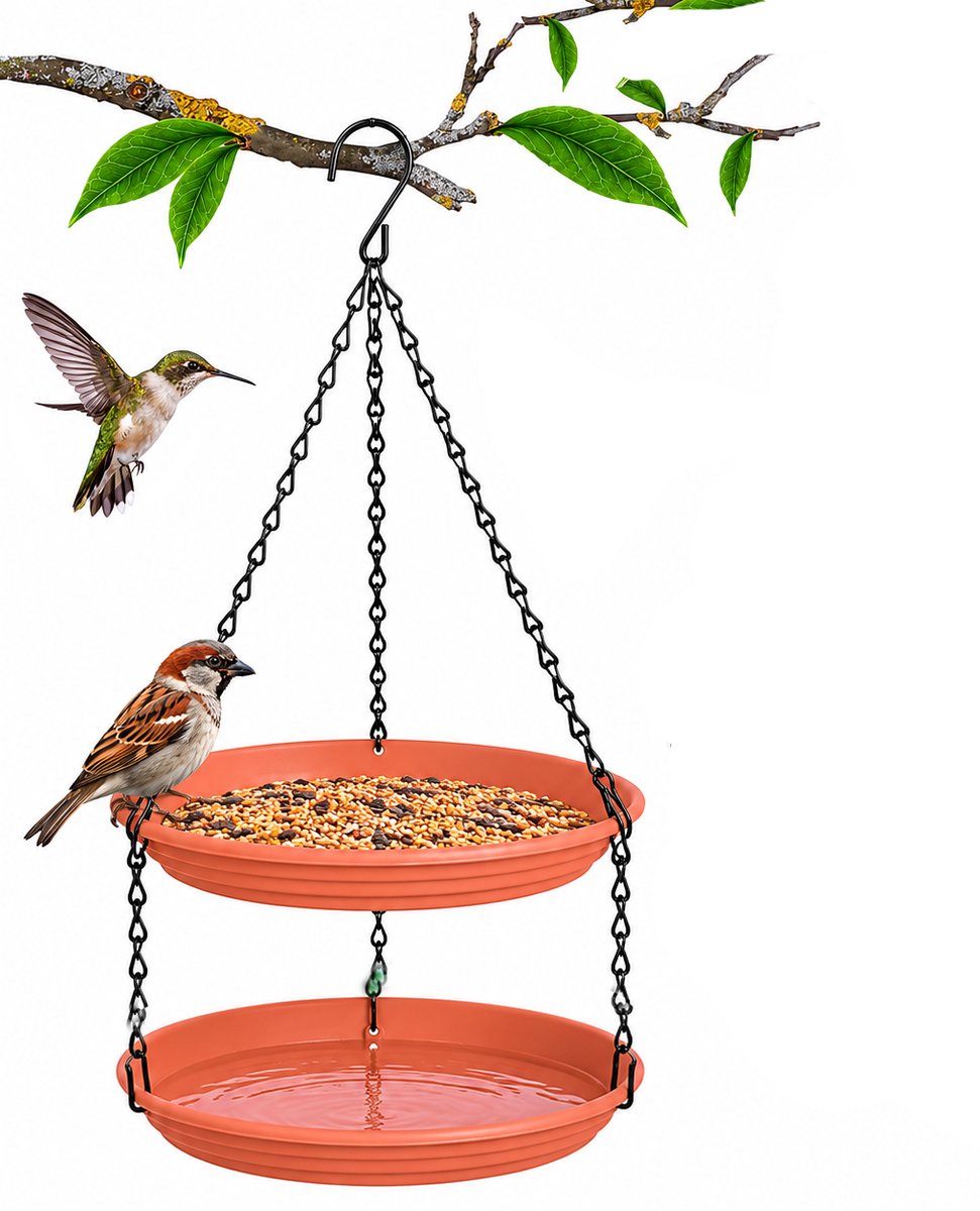 Hangend vogelvoederhuis voor buiten — Ontwerp met twee etages — Geschikt voor zowel water als vogelvoer — Inclusief vogelbadje — Geschikt voor balkons, bomen en tuinen — Roodbruin
