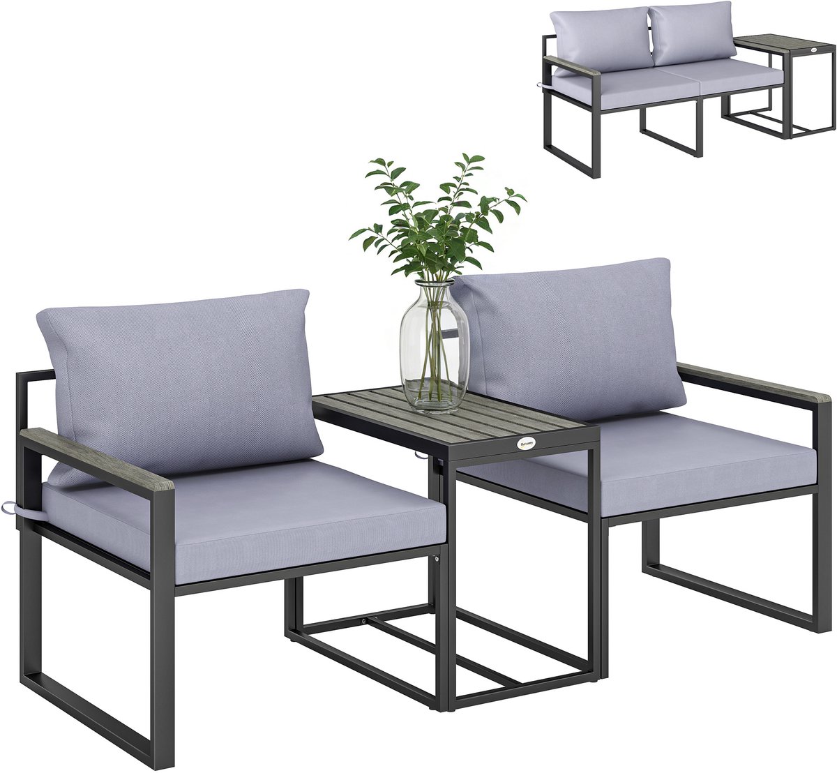 Tuinmeubelset van 3-delig – Deze set bestaat uit twee fauteuils, een grijze bijzettafel en kussens