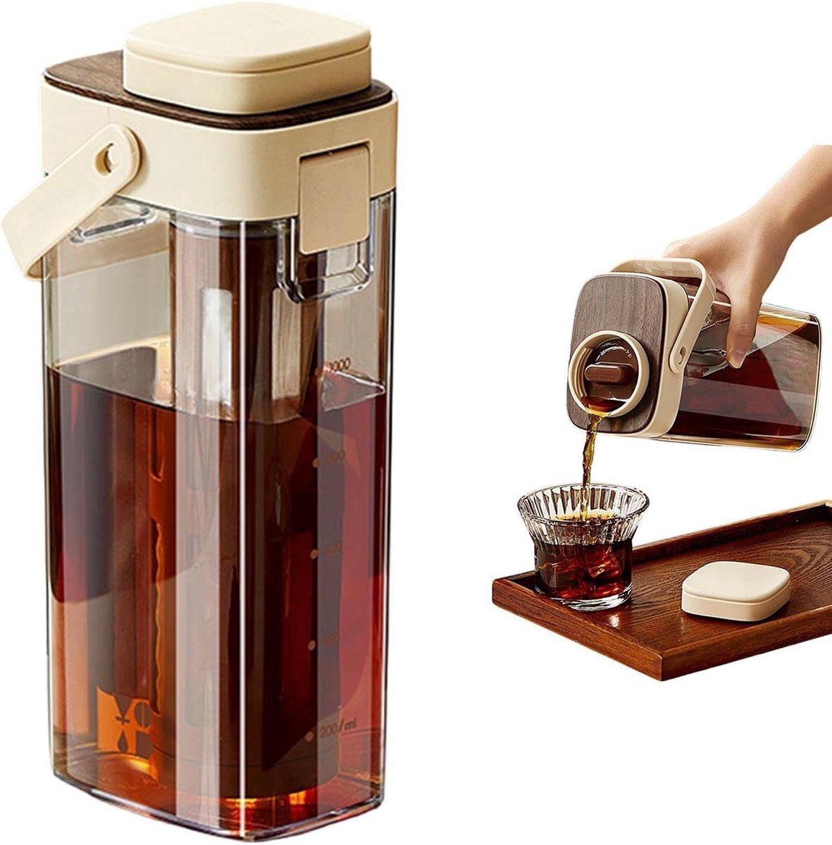 Cold Brew Koffiezetapparaat voor Thuis en Onderweg – 1000 ml Draagbare IJskoffiekan met Handvat – Uitneembaar Filter en Schenktuit – Voor IJskoffie, IJsthee en Fruitdranken – Transparant Bruin