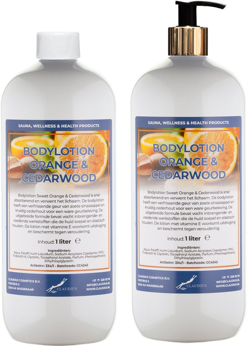 Bodylotion Sweet Orange & Cedarwood 1 Liter - met gouden pomp - set van 2 stuks