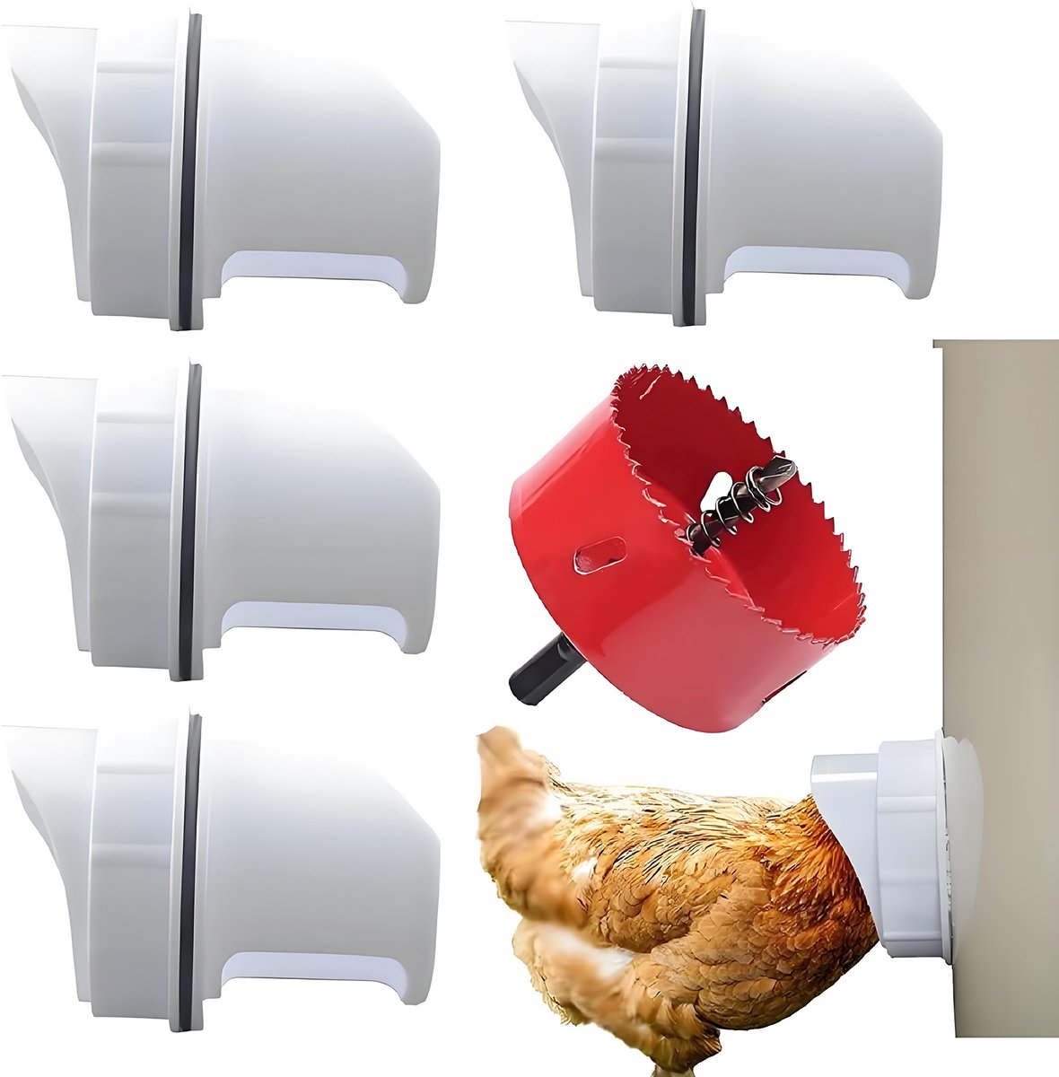 Voerbakken voor pluimvee – Automatische voersystemen – Voerbakken voor kippen en eenden - 4 voerbakken en 1 openingopener – Geschikt voor kippen en ander pluimvee – Voersysteem voor pluimvee