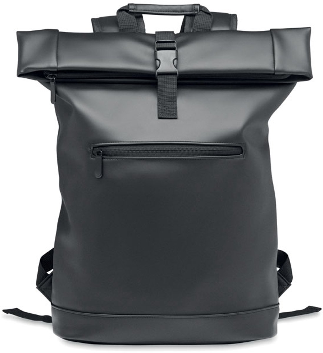 15 inch rolltop laptoprugzak van zacht PU met gewatteerde achterkant en verstevigde bodem. Groot voorvak met rits. De voering is 210D RPET. Kleur Zwart