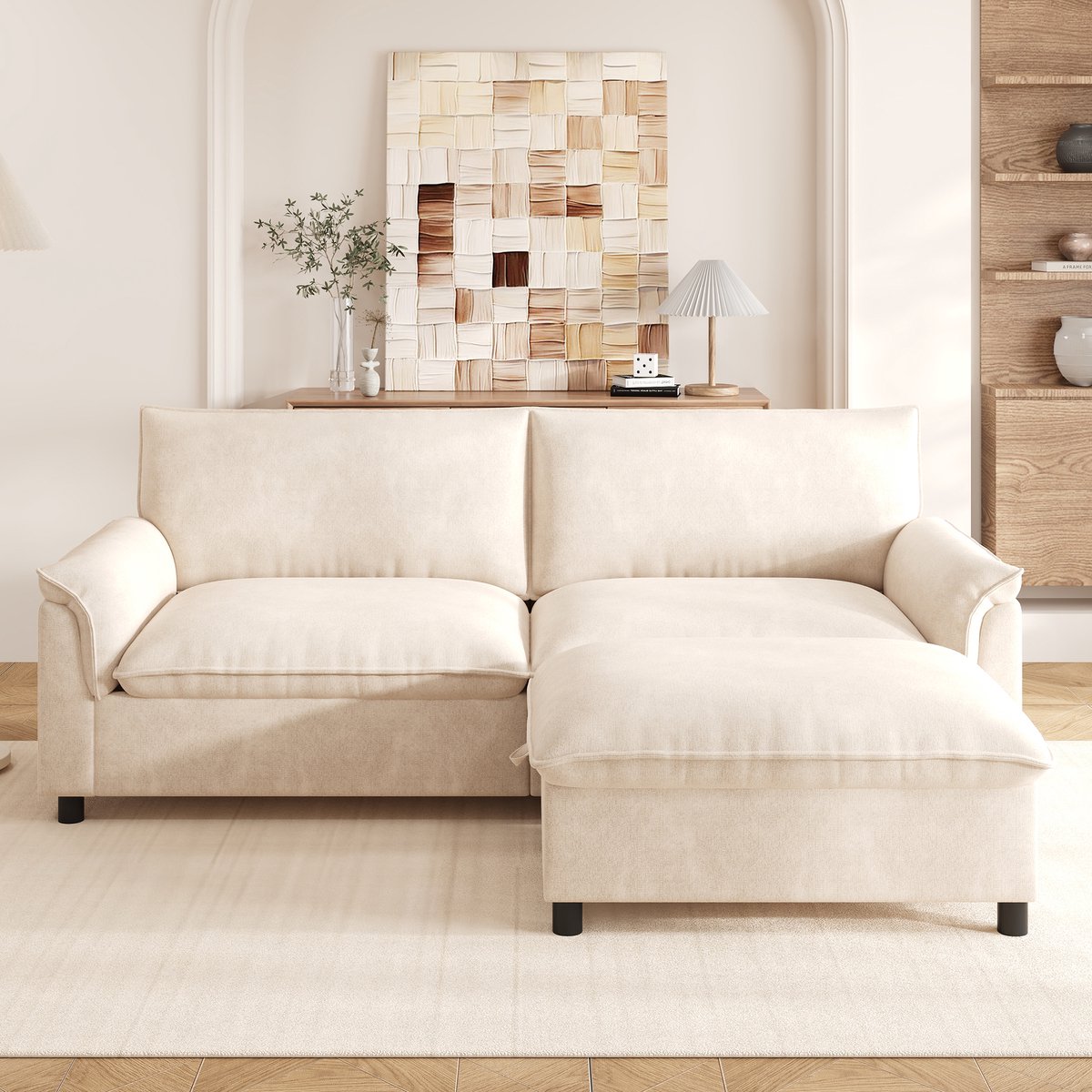 VVBV Hoekbank 216x77x82 cm - L-Vorm, Opbergruimte, Met Planken - Beige, Chenille