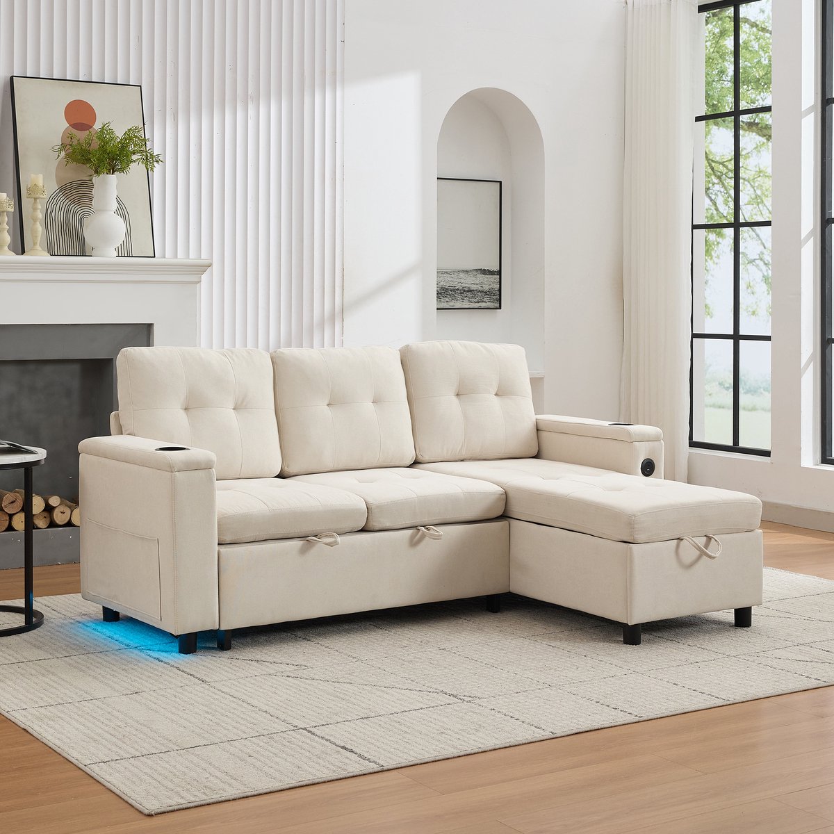 Comfortabel en ruim L-förmige sofa met bedfunctie en extra opbergruimte - 208x146x89.5 cm, Beige