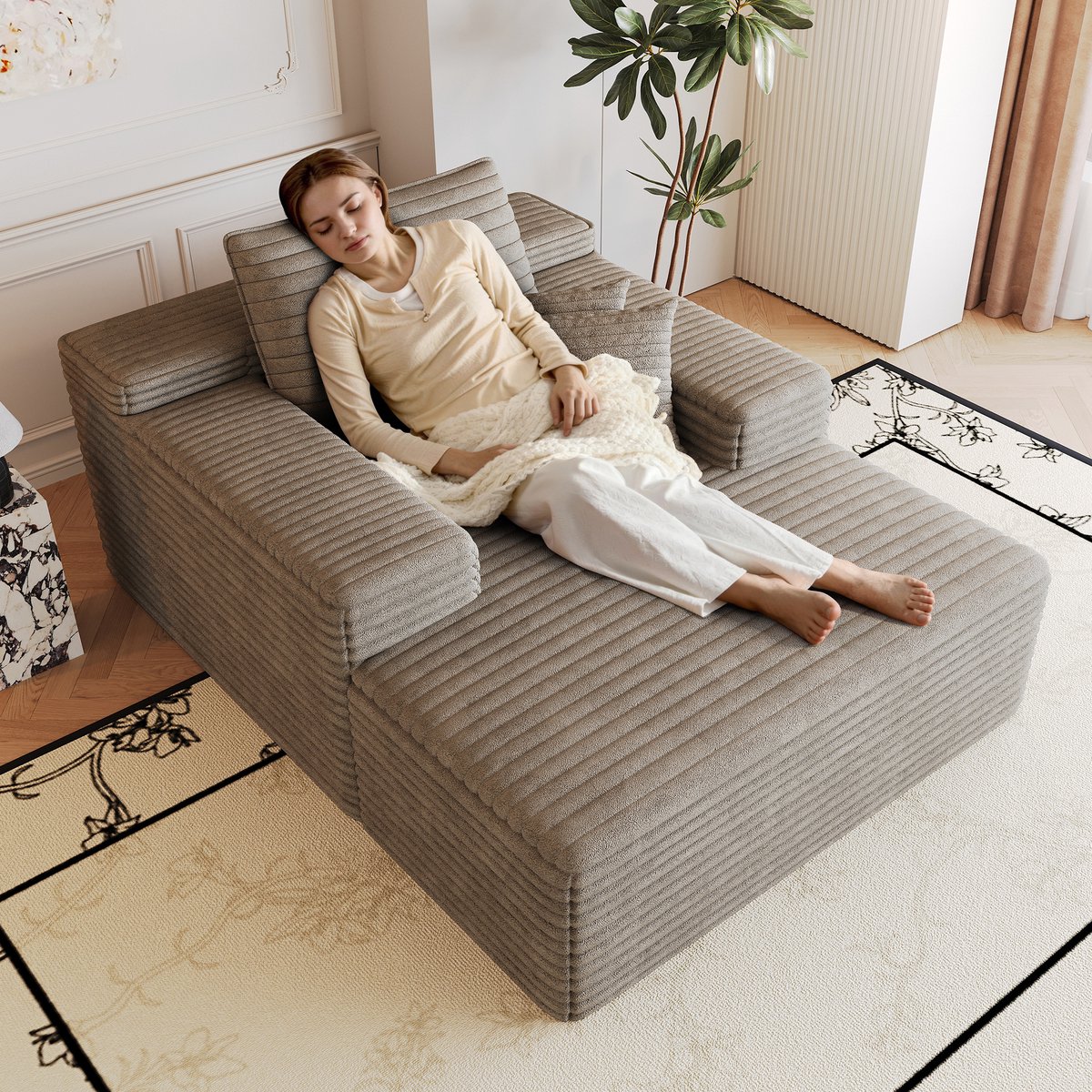 Modulaire Lounge Fauteuil - Ribstof Chaise Longue Met Diepe Zit - Frameloze 1-Zits Bank Zonder Montage Voor Woonkamer Slaapkamer - Camel