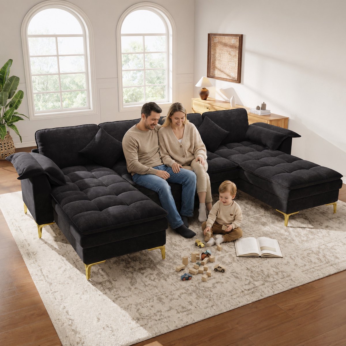 U Vormige Hoekbank 4 Zits - Luxe Chenille Sofa Met 2 Lounge Gedeeltes - Zachte Cloud Bank Met Comfortabele Zitkussens - Moderne Modulaire Bank Voor Woonkamer - Zwart