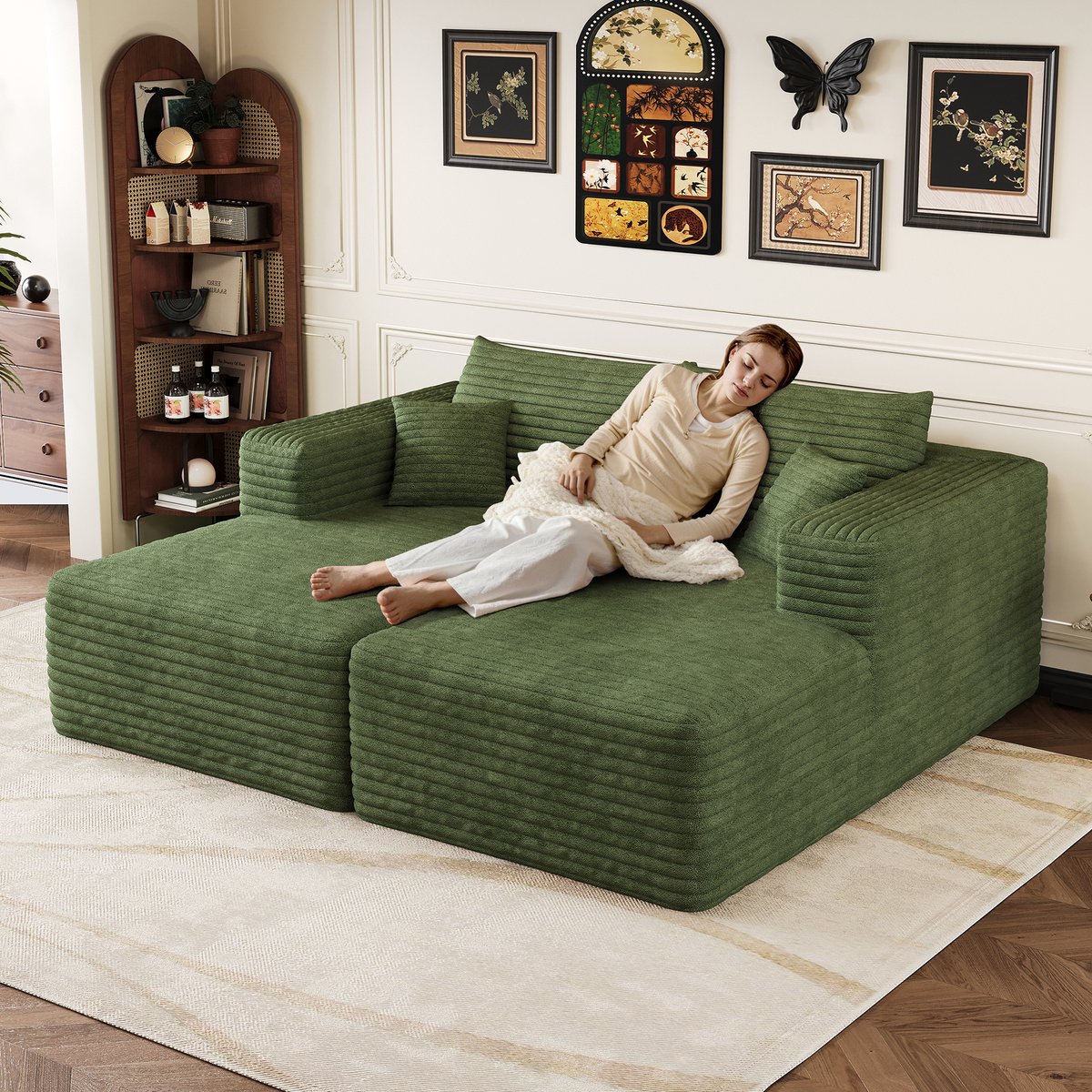 Modulaire Hoekbank - 2-Zits Ribstof Cloud Sofa Met Chaise Longue - Zachte Lounge Bank Zonder Montage - Frameloze Bank Met Diepe Zit - Compressie Sofa Voor Woonkamer En Slaapkamer - Groen
