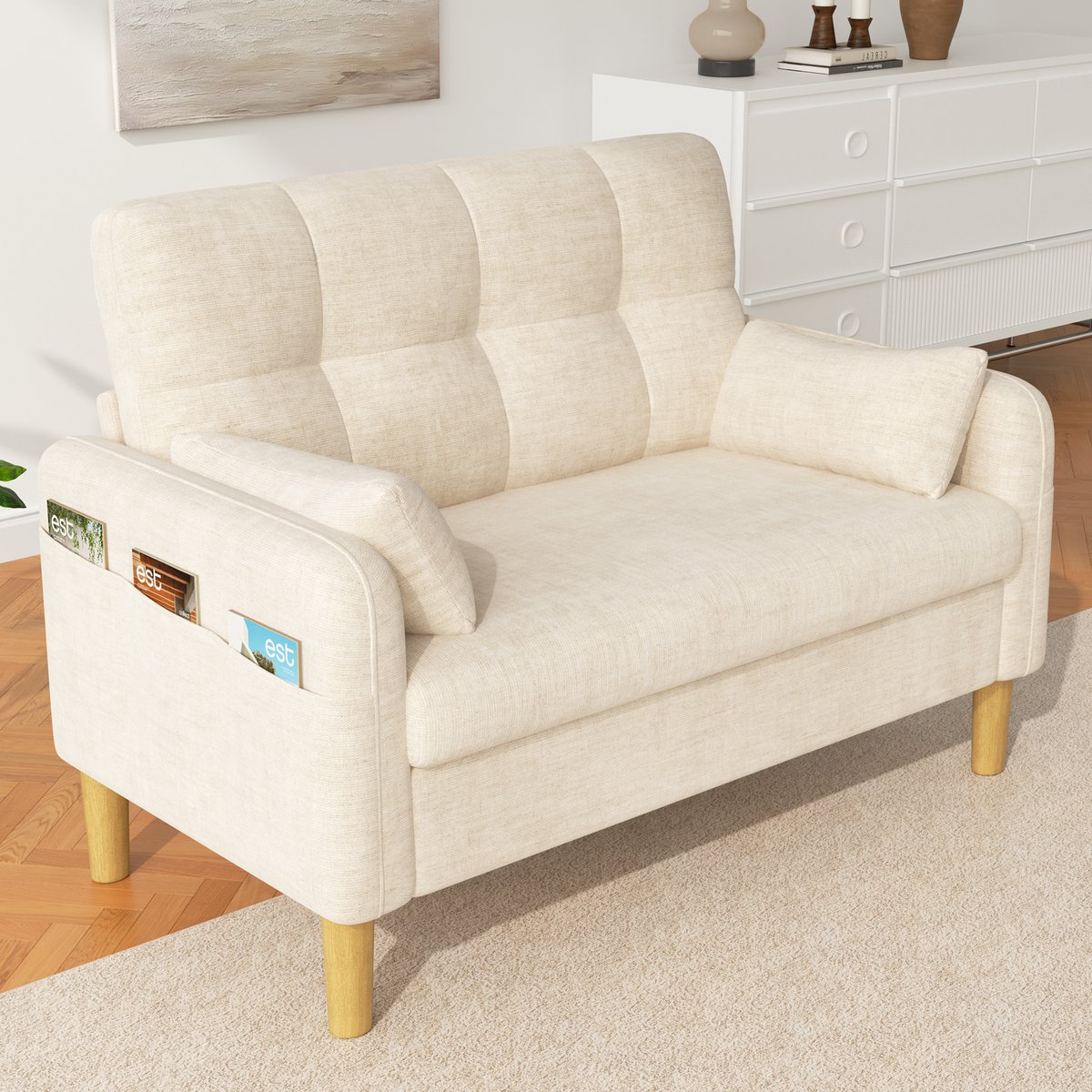 Chenille 2-persoons Sofa met Opbergruimte en Comfortabele Kussens - 119x78x85 cm, Beige