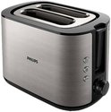 Grille-pain Philips avec corps aspect acier inoxydable brossé, bords noirs et boutons de commande.