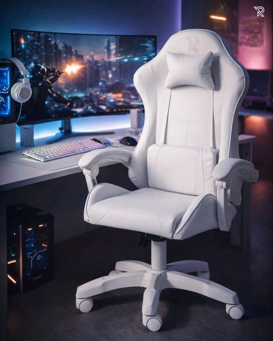 Gamingstoel met Verstelbare Rugleuning 90°-135° - Ergonomische PC Stoel met Armleuningen - Inclusief Rug- en Nekkussen - Comfortabele Bureaustoel voor Gaming, Kantoor en Thuiswerk - Wit — afbeelding 5