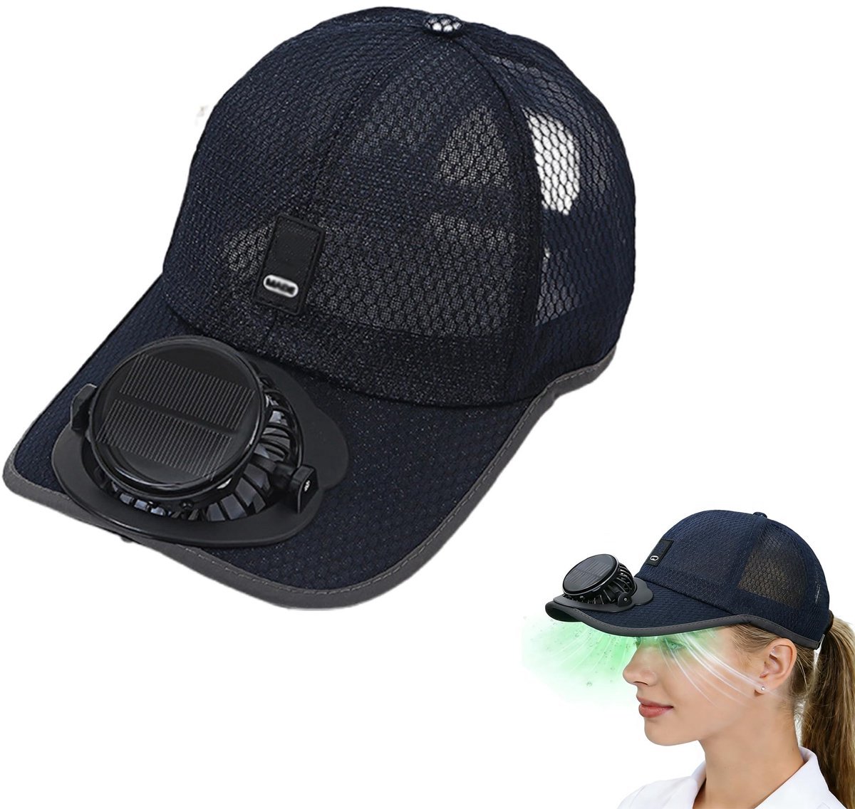 Casalora Pet Met Ventilator – Zonnehoed Met Luchtblazer En USB-Oplading – Brede Rand Zonneklep Met Ingebouwde Ventilator – Voor Heren & Dames – Strand, Camping, Wandelen, Golf, Werk – Marineblauw