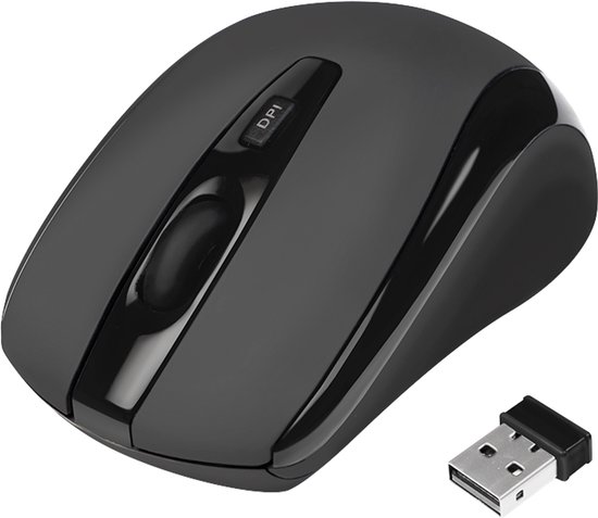 Zwarte LogiLink muis met USB-ontvanger, schuin van voren.
